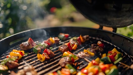 Cooking vegetables and meat on a grill in the backyard on a sunny day. Concept Grilling, Outdoor...