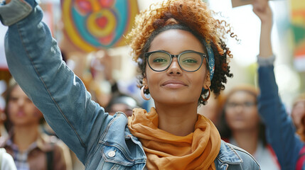 A diverse group of activists marching together in a protest rally, holding up signs and banners advocating for social justice and equality, amplifying voices for change - Powered by Adobe