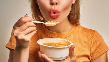 Frau isst instant suppe.