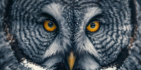 A close up view of young owl face with yellow eyes.