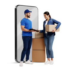 Courier delivering parcels to woman near huge smartphone on white background