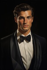 Man In Tuxedo Against Artistic Backdrop Embodies Classic Elegance And Timeless Fashion. Perfect For Sophisticated And Formal Occasions. Man in Elegant Black Suit