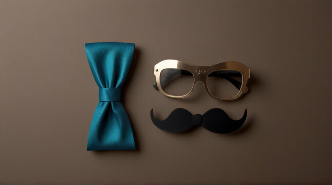 Happy Fathers Day greeting card. Decor glasses, hat and mustach e on wooden white background. Generative. Ai
