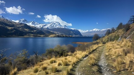 Serene Lake View with Majestic Snowcapped Peaks and Blue Sky. Concept Lake Views, Snowcapped Peaks, Blue Sky, Serene Landscapes