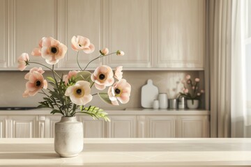 light wooden surface with a vase with anemones on the background of a light kitchen, background for product presentation
