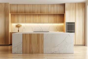 interior design of a spacious kitchen in beige tones with natural wood and white marble