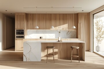 interior design of a spacious kitchen in beige tones with natural wood and white marble