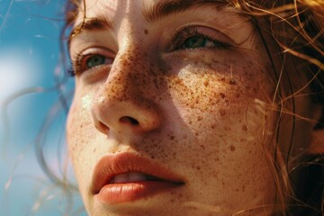 close up, beauty portrait of a beautiful woman with freckles with bright sunlight, summer skin care and sunscreen concept