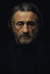 Fototapeta premium Portrait Of A Seasoned Man Showcasing Depth And Wisdom. Serious Expression And Mature Charisma In A Dark, Reflective Setting.