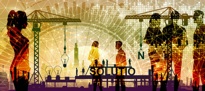 Silhouetten Zusammenarbeit - Ideen und L&ouml;sungen - Gestaltung und Entwicklung von L&ouml;sungen im Team - abstrakte symbolische Baustelle - Digitale Daten analysieren
