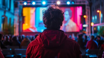Back view of a man in red jacket watching a film at a vibrant outdoor cinema, crowd illuminated by screen light.