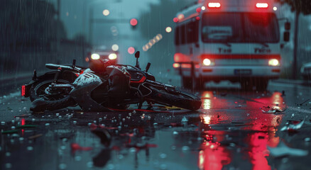 Closeup of a motorcycle accident on the road, with broken and shattered glass in front of an ambulance with flashing lights in the background at night time on wet asphalt