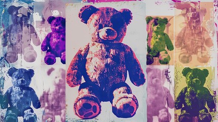 Fototapeta premium Cool grungy y2k teddy bear set with a negative photocopy effect . Rough brutal elements for 90s vintage design. Ai