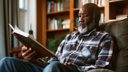 A mature bald African American man with a beard reading a book, sitting in a home library.