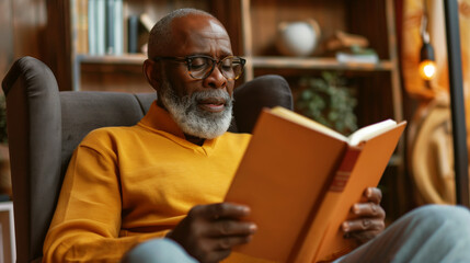 Obraz premium An elderly Black man in glasses reads a book intently, seated comfortably in a cozy chair.