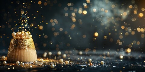 Sparkling golden rice pudding with festive vibe and bokeh.
