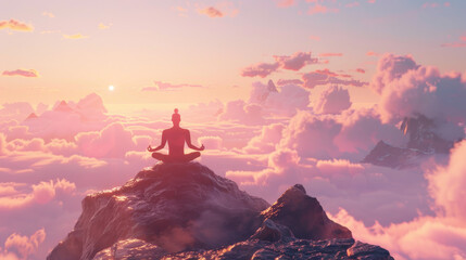 A person meditating on top of a mountain, with a pink sky as the sun sets