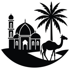 A masjid on desert camel and date tree combine vector silhouette 