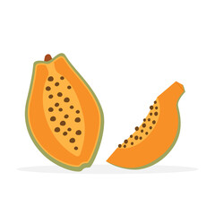 Papaya fruit. Exotic fruit. Half and quarter papaya. Vector illustration in flat style