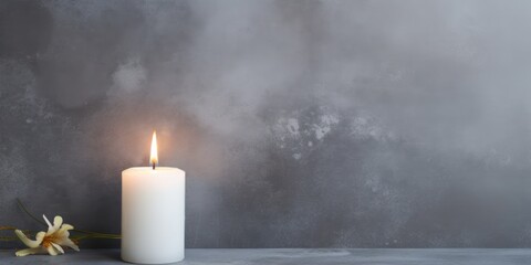 Gray background with white thin wax candle with a small lit flame for funeral grief death dead sad emotion with copy space texture for display 