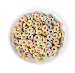 Tasty cereal rings in bowl isolated on white, top view