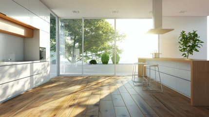 Beautiful kitchen interior with bright, minimalist wooden floors