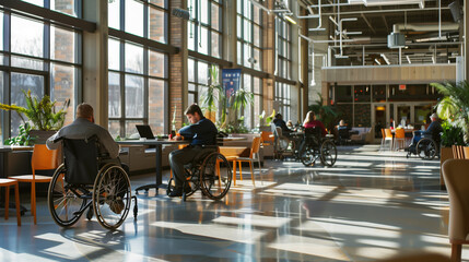 Spacious cafeteria setting with multiple individuals in wheelchairs working on laptops and interacting.