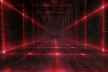 Red Dimension: A minimalist exploration of light and shadow in a long exposure photo. Laser beams pierce a red space, creating a sense of depth and dynamism.