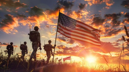 USA Army Soldiers with USA Flag at Sunset or Sunrise