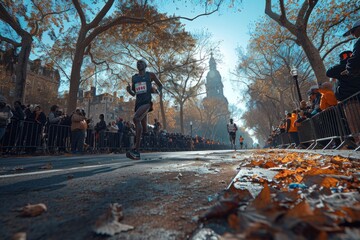 Man running marathon in park with trees, plants, sky, and asphalt