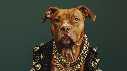 A dog wearing clothes and jewelry in a modern dog style.