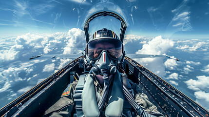 View from inside a fighter jet cockpit with a pilot in helmet and oxygen mask flying above clouds. - Powered by Adobe
