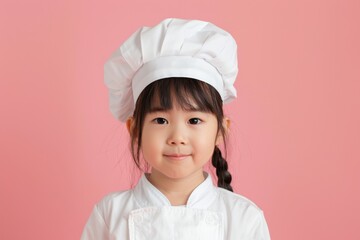 cute asian smiling child in chef’s uniform - hat and clothes - portait on plain background, culinary cooking studio concept with copy space