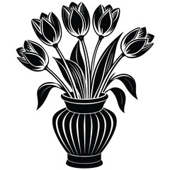 set of tulip flower on the vase vector silhouette on white background 