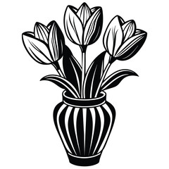 set of tulip flower on the vase vector silhouette on white background 