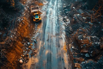 Overhead perspective of truck moving on dusty path