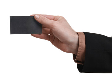 Man holding blank business card on white background, closeup