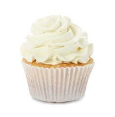 Tasty vanilla cupcake with cream isolated on white