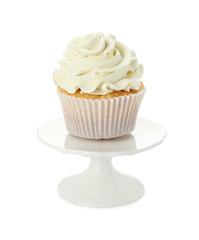 Tasty vanilla cupcake with cream isolated on white