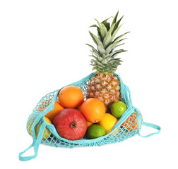 String bag with fresh fruits isolated on white