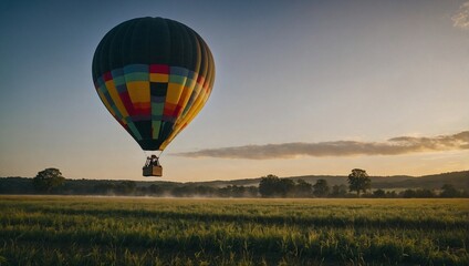 A hot air balloon floating over a field