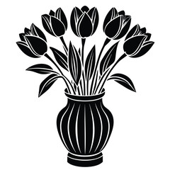 set of tulip flower on the vase vector silhouette on white background 