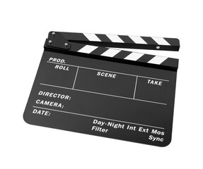 One movie clapper isolated on white. Film industry