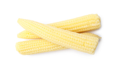 Tasty fresh baby corns isolated on white, top view