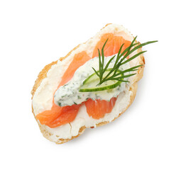 Tasty canape with salmon, cucumber, cream cheese and dill isolated on white, top view