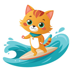 A cute little cat surfing on the sea with a white background 