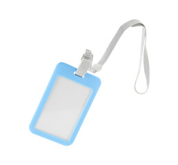 Blank light blue badge with string isolated on white
