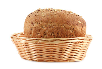 Wicker basket with fresh bread isolated on white