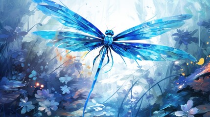 Cerulean Dragonfly watercolor illustration - Generative AI. Blue, dragonfly, wings, flowers.