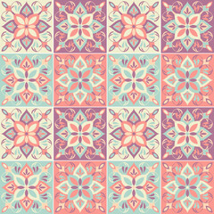 Seamless pastel patchwork tile with Islam, Arabic, Indian, ottoman motifs. Majolica pottery tile. Ceramic tile in talavera style. Vector illustration.